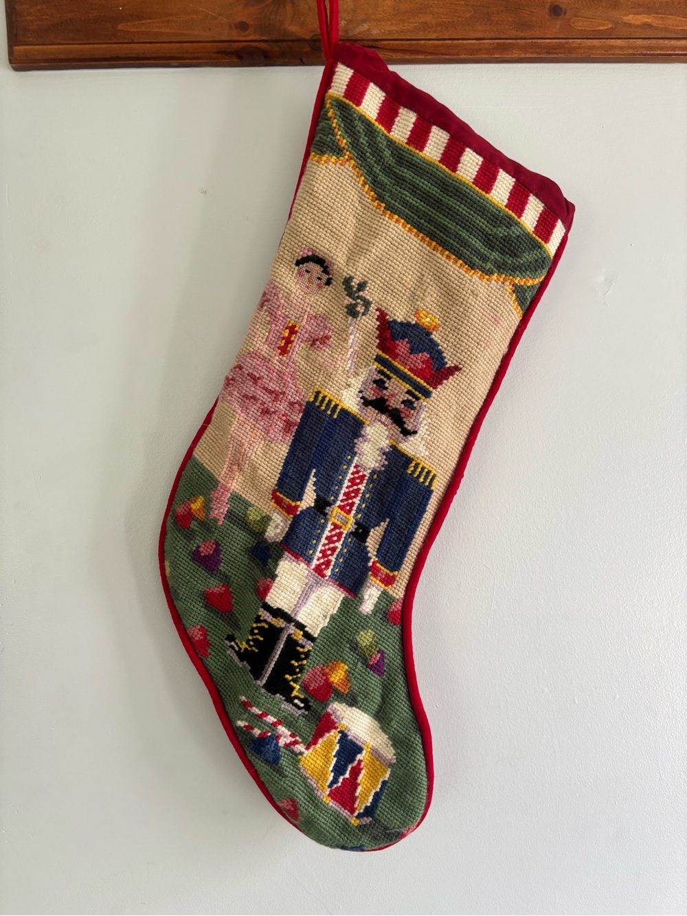 Hand Crafted Red Needlepoint Nutcracker & Ballerina Christmas Stocking